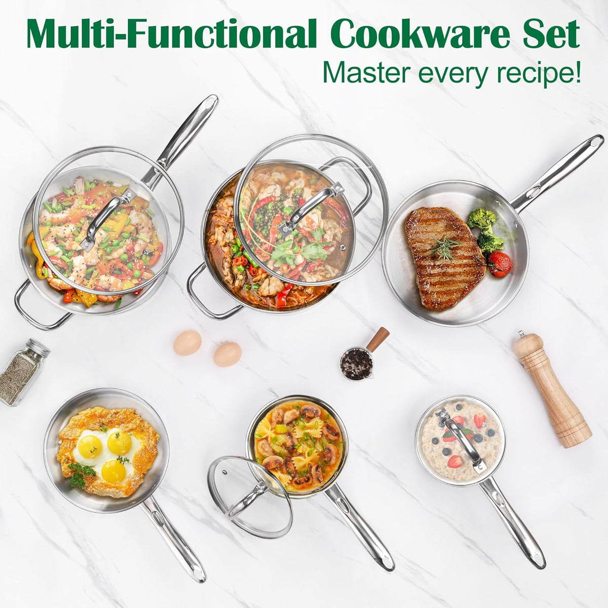 E-far 10-Piece Stainless Steel Cookware Set, Induction Pots and Pans Set with Tri-Ply Base, Non-toxic Kitchen Cooking Set w/Frying Pan, Saucepan, Saute Pan, Stockpot with Lids, Oven & Dishwasher Safe