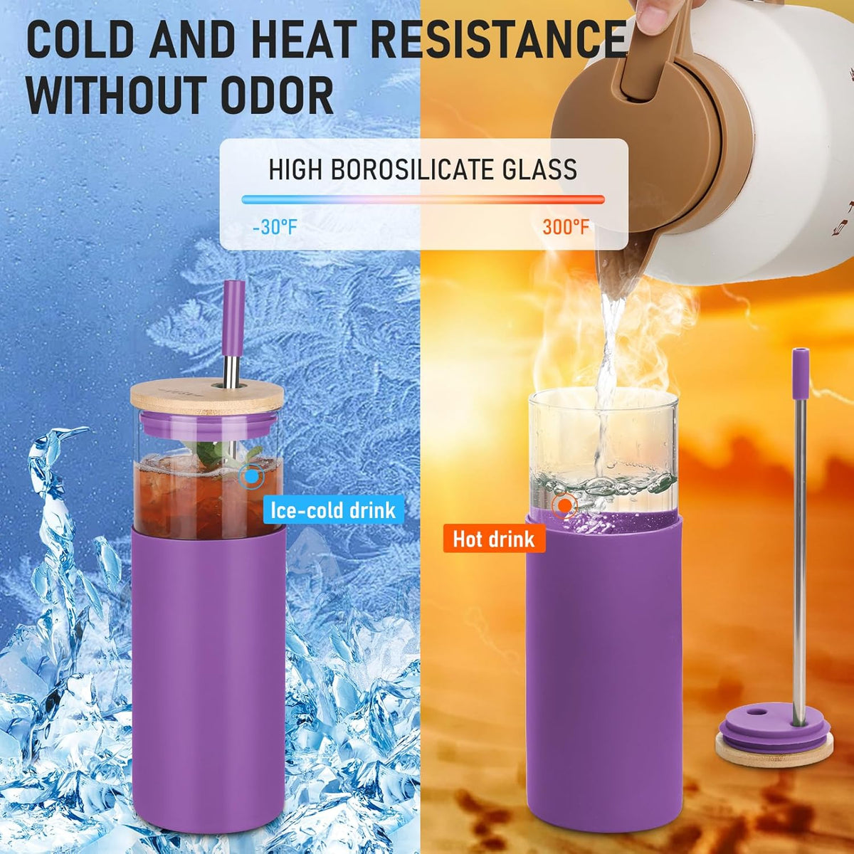 1Pack Glass Tumbler/Lid & Straw - 24oz Reusable Glass Mug w/Bamboo Lid & Stainless Steel Straw-BPA-Free Leak-Proof, Dishwasher Safe for Coffee, Smoothies, Hot Beverage, Travel, Office, Home Use