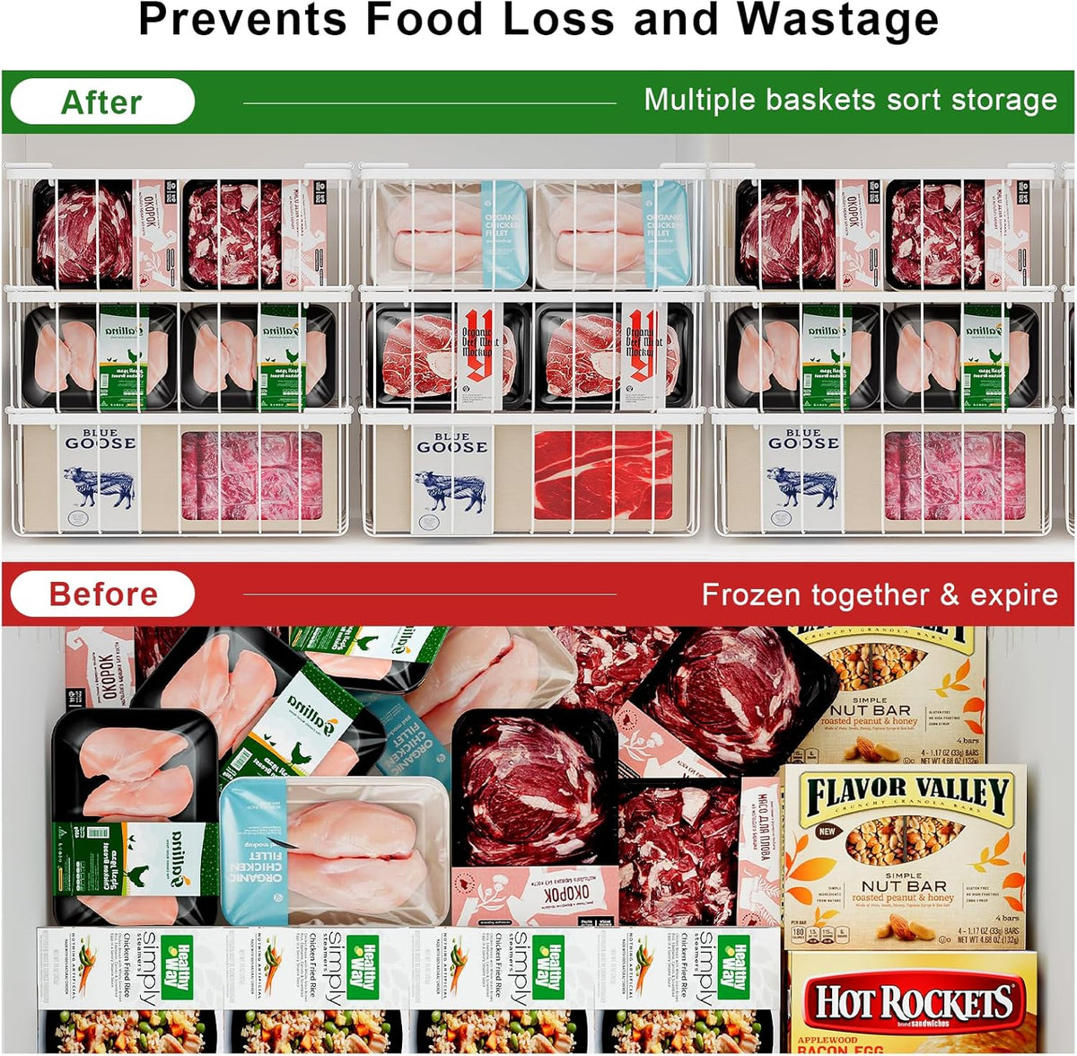 Freezer Storage Organize Baskets - 3 Pack Stackable Deep Freezer Organizer Bins for Most 7 Cu.FT Chest Freezer with Handles, Sturdy but Light, Metal Coated, Add Space, Easy to Reach
