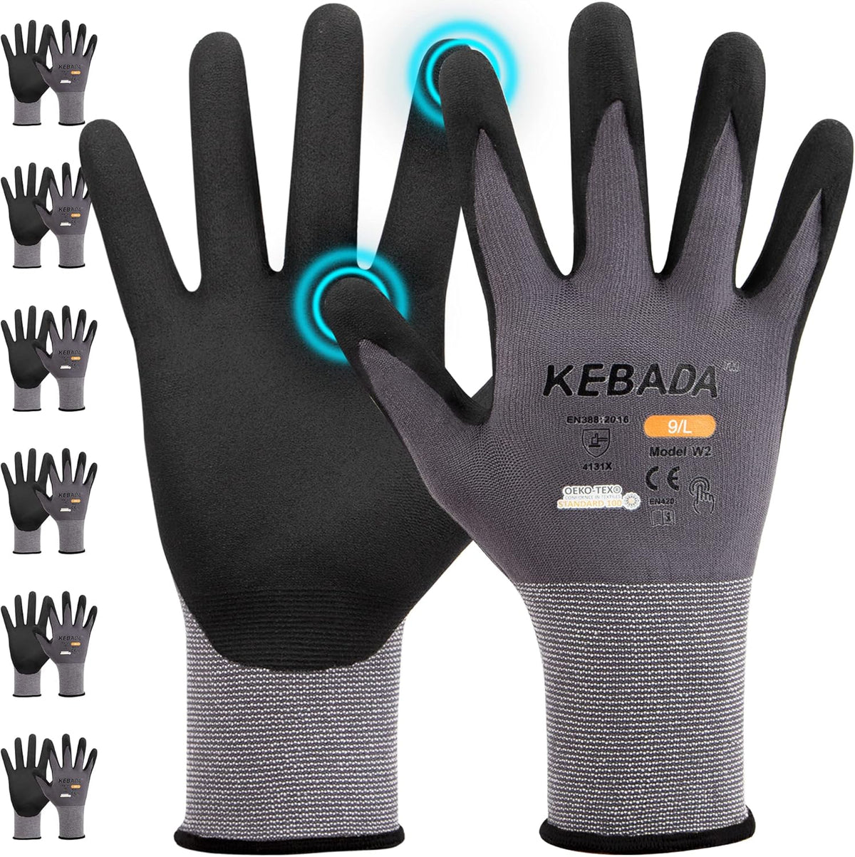 Kebada W2 Micro-Foam Coated Work Gloves, Touchscreen Working Gloves with Grip, Idea for Package Handling, Gardening, and Construction, 6 Pairs, Small