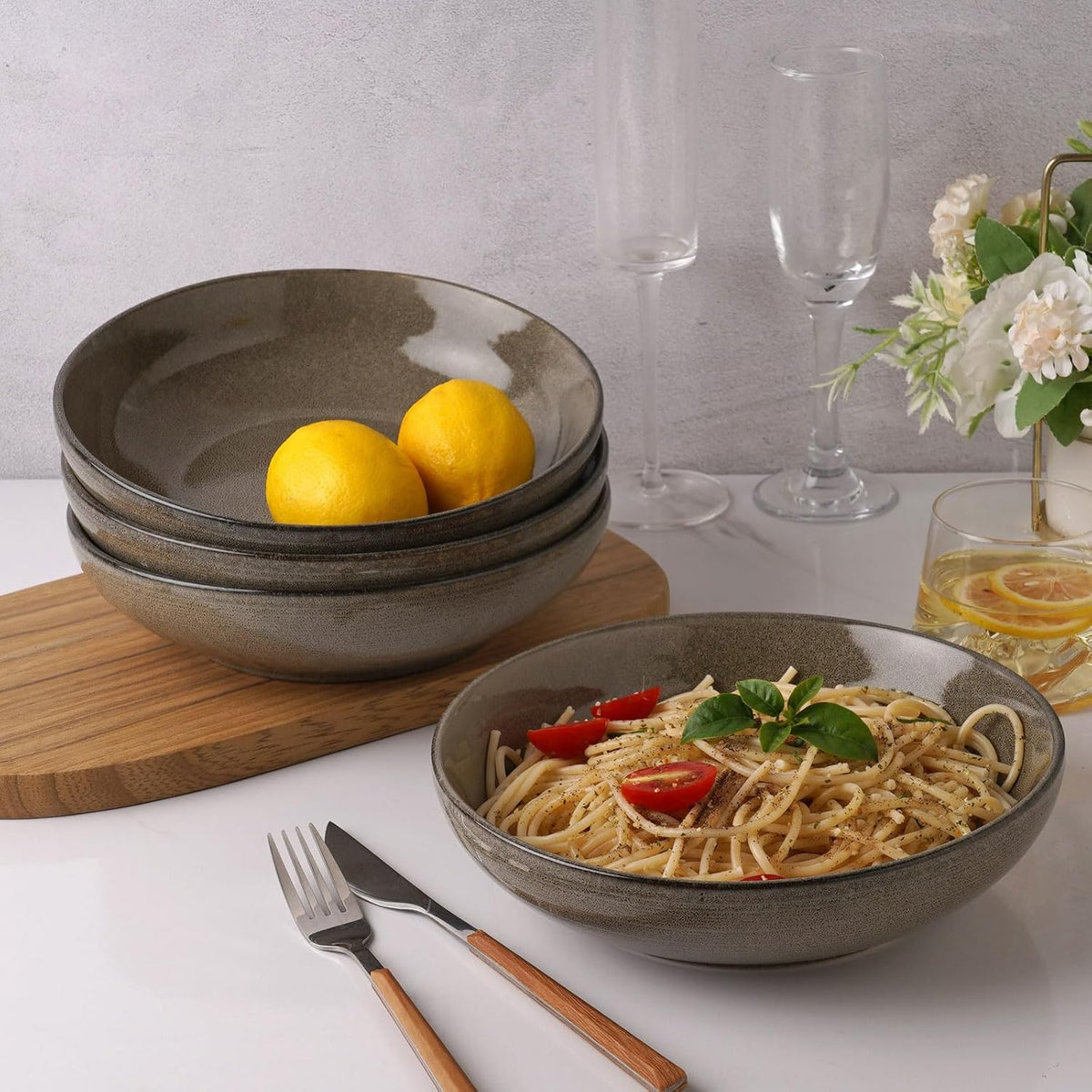 famiware Tempus Pasta Bowls Set of 4, 40 oz Bowls for Kitchen, Stoneware Deep Serving Bowls, Dishwasher & Microwave Safe Bowls for Cereal, Salad, Soup, Dessert etc - Dark Olive