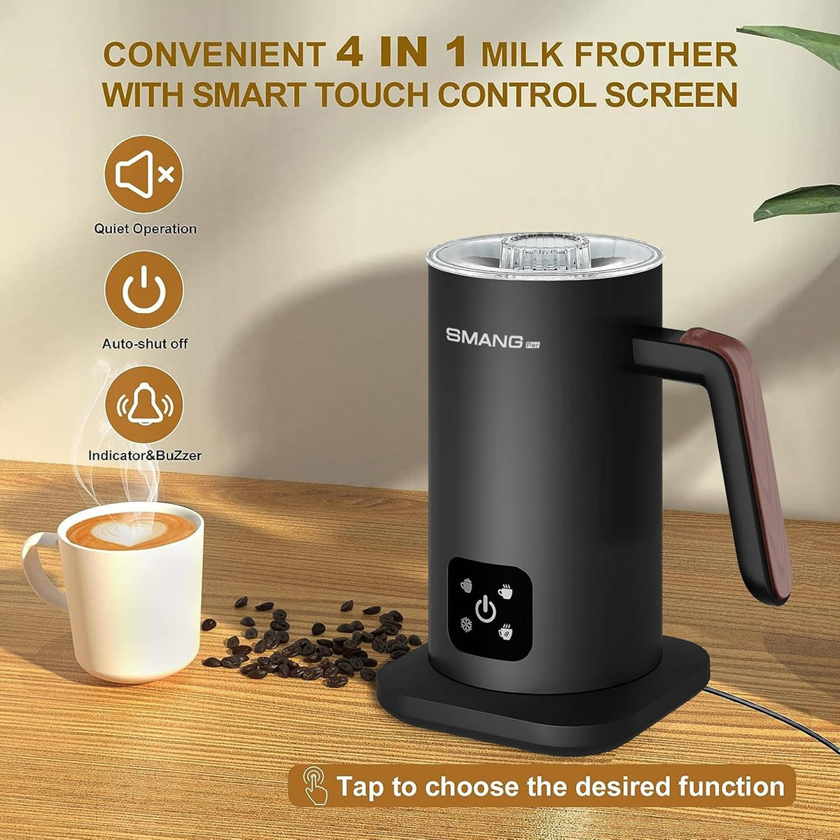 Electric Milk Frother, 4 in 1 Milk Steamer, 11.8oz/350ml Automatic Hot and Cold Foam Maker for Coffee, Latte, Cappuccino, Macchiato, Hot Chocolate, Stainless Steel Body, Matte Black