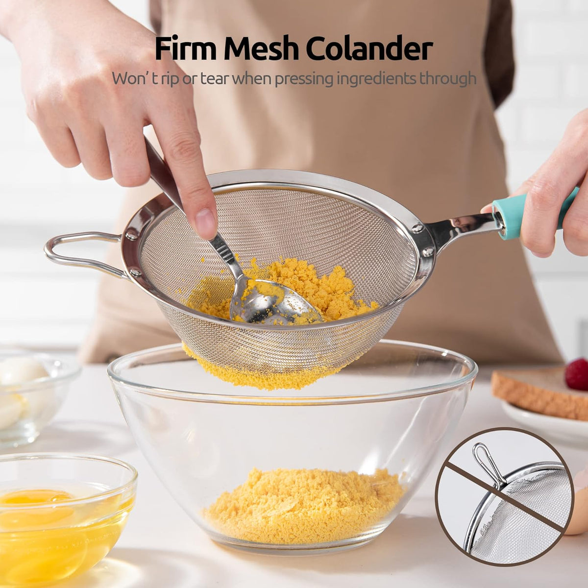 18/8 Stainless Steel Mesh Strainer: U-Taste 5.5 Inch Kitchen Fine Mesh Sieve Food Colander with Riveted Sturdy Silicone Handle and 30 Mesh Hole for Straining Flour, Pasta, Fruit, Quinoa(Aqua Sky)