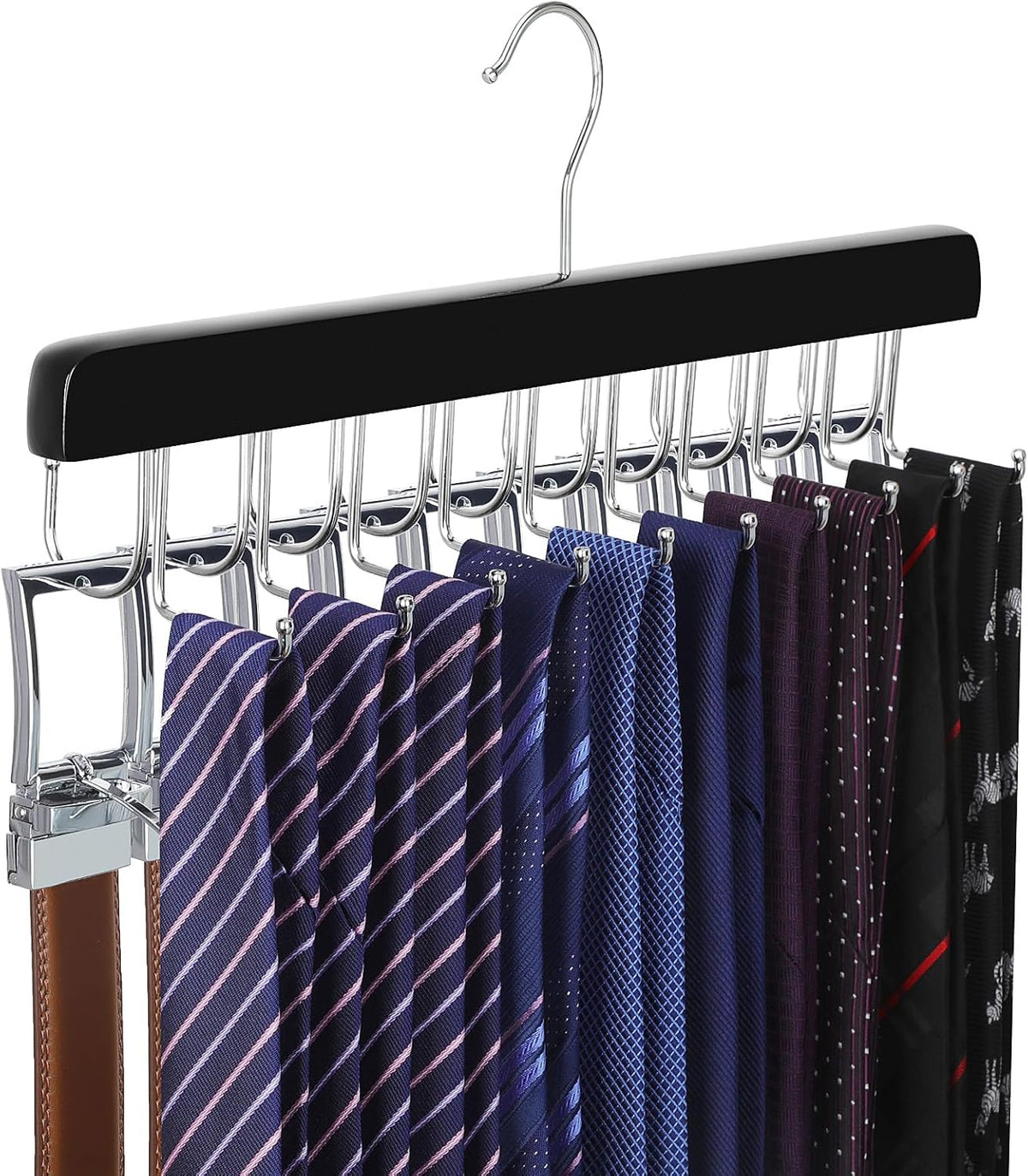 TOPIA HANGER 20 Hooks 2 in 1 Belt Tie Hanger for Closet Max 30 Belts with 30 Ties Capacity, Belt Tie Racks Wooden Hanger for Closet Organizer Storage “U” Fit for Belt and “一” Fit for Tie - CT47B