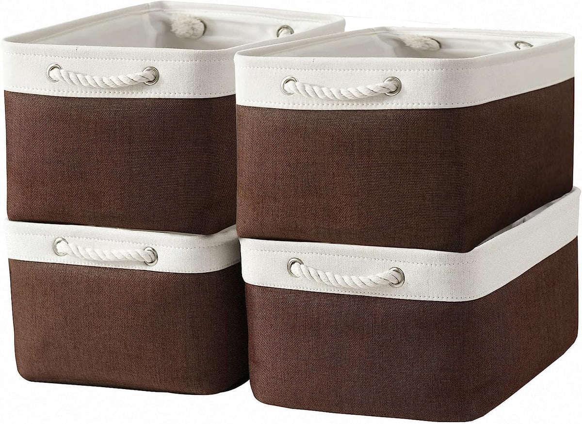 Organization and Storage Basket for Organizing - 16x12x8 inch Large 4 Pack Fabric Storage Cube Collapsible Storage Bins for Shelves, Storage Box for Cloth Books Canvas(White & Flaxen)