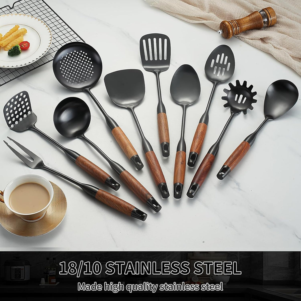 Stainless Steel Kitchen Utensils Set with Wood Handle, 18/10 Metal Cooking Utensils Set, 10-Piece - Spatula, Spoon, Ladle, Skimmer, Slotted Turners, Pasta Server, Fork, Masher(Dishwasher Safe)