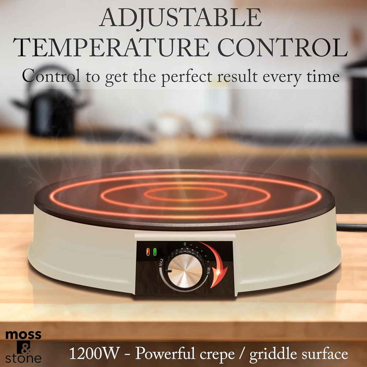 Moss & Stone Beige 12 Inch Electric Griddle & Crepe Maker Machine. Electric Crepe Maker with Adjustable Temperature for Blintzes Pancakes & Tortilla, Non-Stick Crepe Pan & Batter Spreader & Spatula