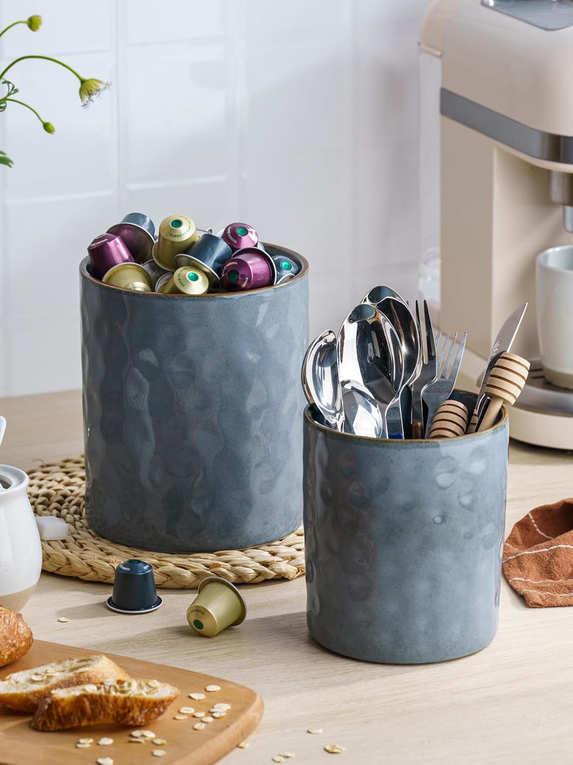famiware Ocean Utensil Holder, 7.2"+5.8" Ceramic Kitchen Utensil Holder for Countertop, 2 Pieces Cooking Utensil Crocks, Utensil Organizer for Spatula & Spoon, Kitchen Decor, Set of 2, Blue