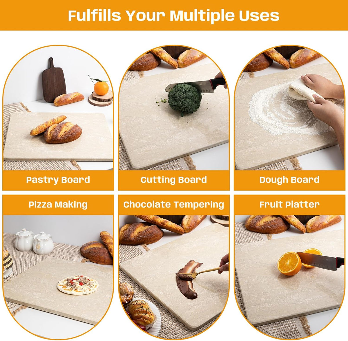 Marble Cutting Board For Kitchen, Large Marble Slab Pastry Board With Non-Slip Feet For Baking, Cheese, Charcuterie, Chocolate, 16x20 Inch, Pack Of 1 Piece