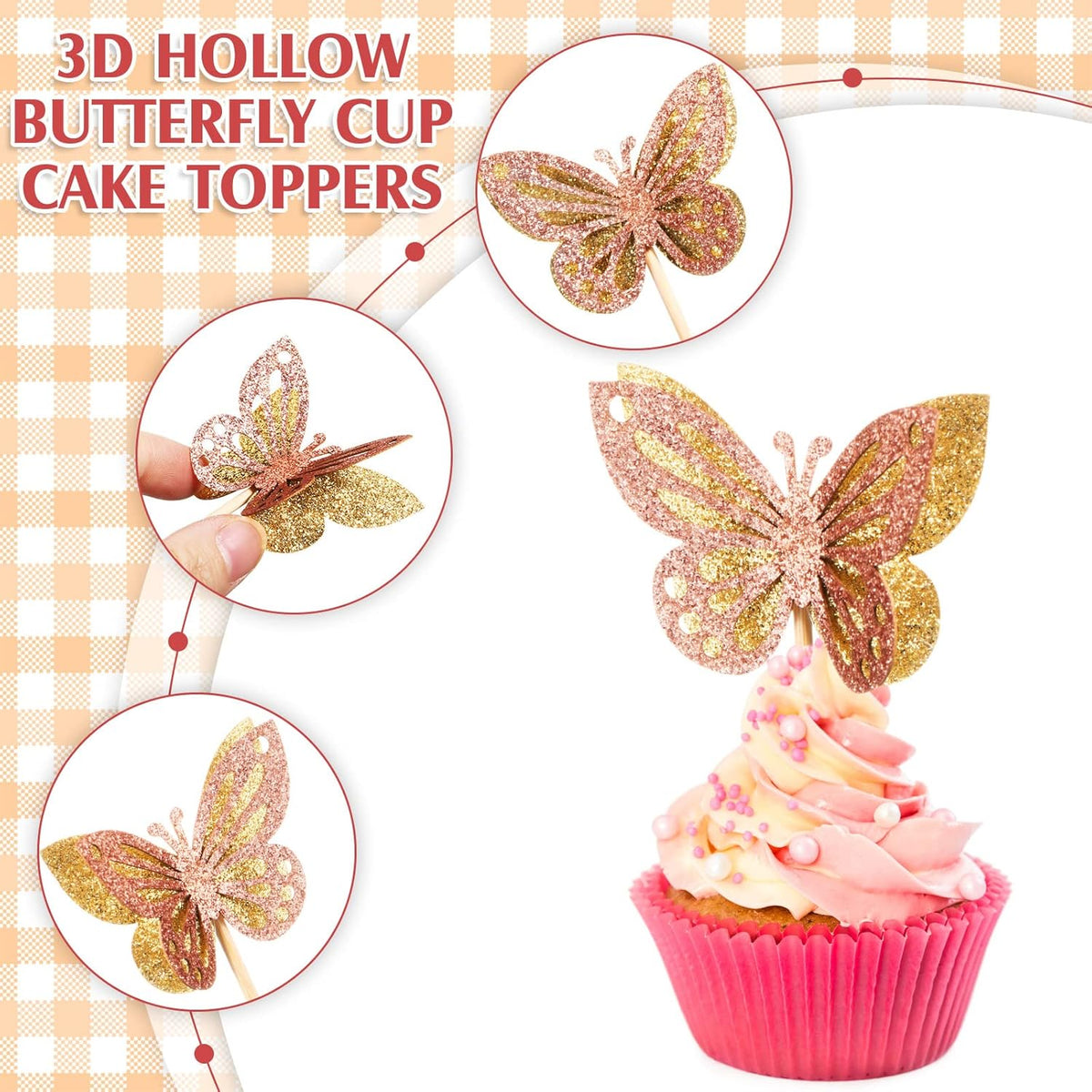 Chinco 48 Pcs Butterfly Cupcake Toppers Assembled Double Layer Cupcake Topper 3D Glitter Cake Topper Butterfly Cocktail Pick Decoration for Baby Shower Birthday Wedding(Gold,Retro Style)