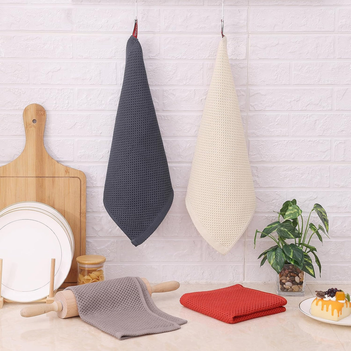 Kitinjoy 100% Cotton Kitchen Dish Cloths, 12 Pack Waffle Weave Ultra Soft Absorbent Dish Towels for Drying Dishes, Quick Drying Dish Rags, 12 X 12 Inch, Multicolor