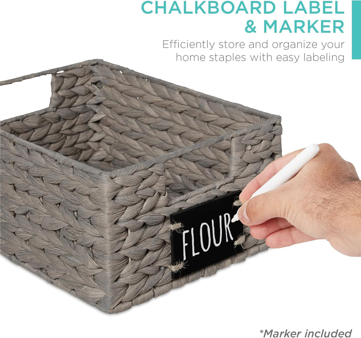 Best Choice Products Set of 4 9x12in Water Hyacinth Pantry Baskets, Woven Organizers w/Chalkboard Label, Chalk Marker - Gray