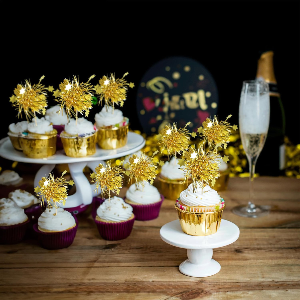 Gyufise 30Pcs Star Foil Firework Cupcake Toppers Sparkle Tinsel Cake Toppers Tinsel Drink Cake Decoration Cocktail Picks for Birthday Wedding Graduation Party Supplies Gold