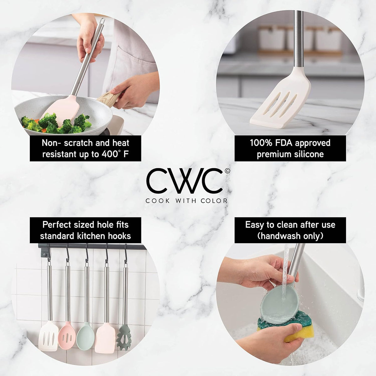 COOK WITH COLOR Silicone Cooking Utensils, Kitchen Utensil Set, Easy to Clean Silicone Kitchen Utensils, Cooking Utensils for Nonstick Cookware, Kitchen Gadgets Set, 5 Pieces, Mint