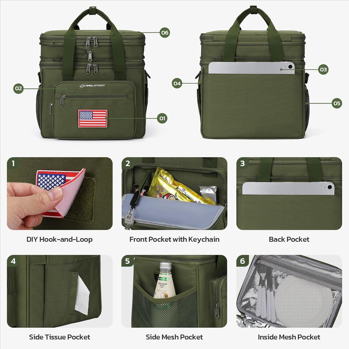 Maelstrom Tactical Lunch Box for Men, 23L Insulated Lunch Bag, Expandable Double Deck Cooler Bag, Lightweight Leakproof Tote Bag With Side Tissue Pocket, Suit For Men and Women, Army Green