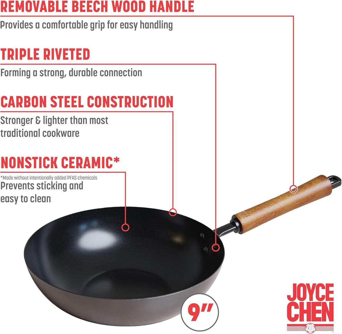 JOYCE CHEN Classic Series 9.5-Inch Ceramic Nonstick Carbon Steel Stir Fry Pan