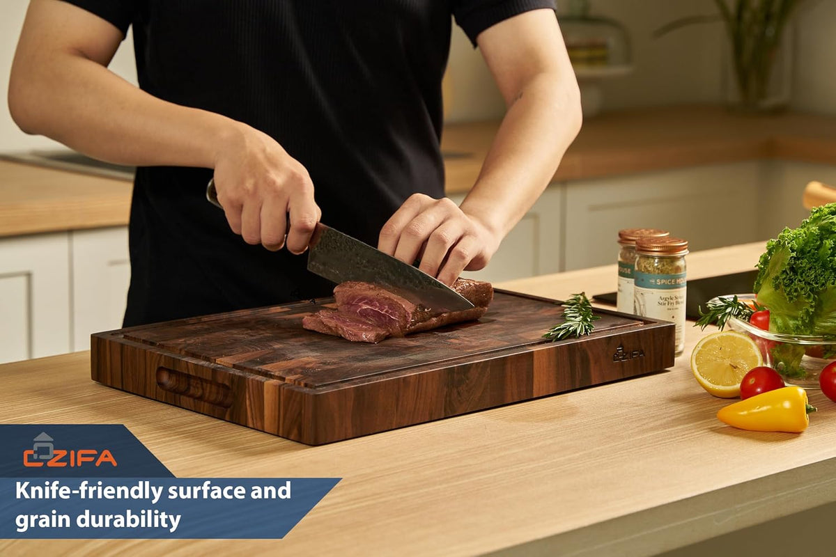 American Dark Walnut Wood Cutting Board 17"x12"x1.6" for Kitchen with Juice Groove, Inner Handles, Gift Box Packaging and End Grain Butcher Block Finished with Linseed Oil, Beeswax & Lemon Oil