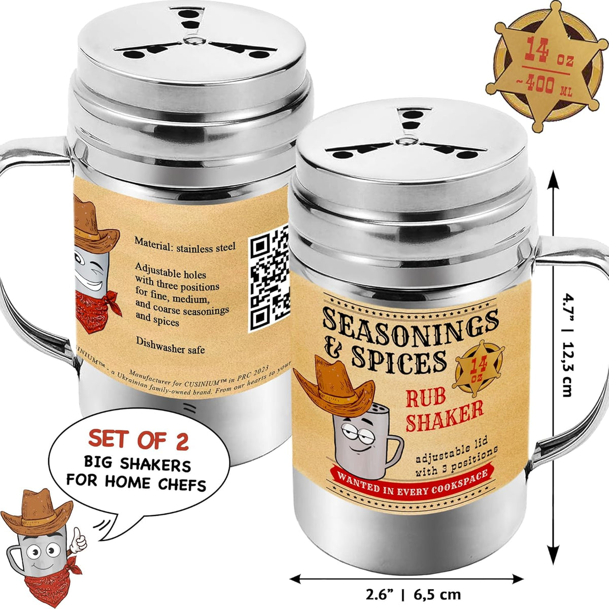 CUSINIUM [Pack of 2] 14 oz Seasonings Spice Shakers - BBQ Dry Rub Shakers - Cooking Dredge with Adjustable Fan-Style Lid and Handles
