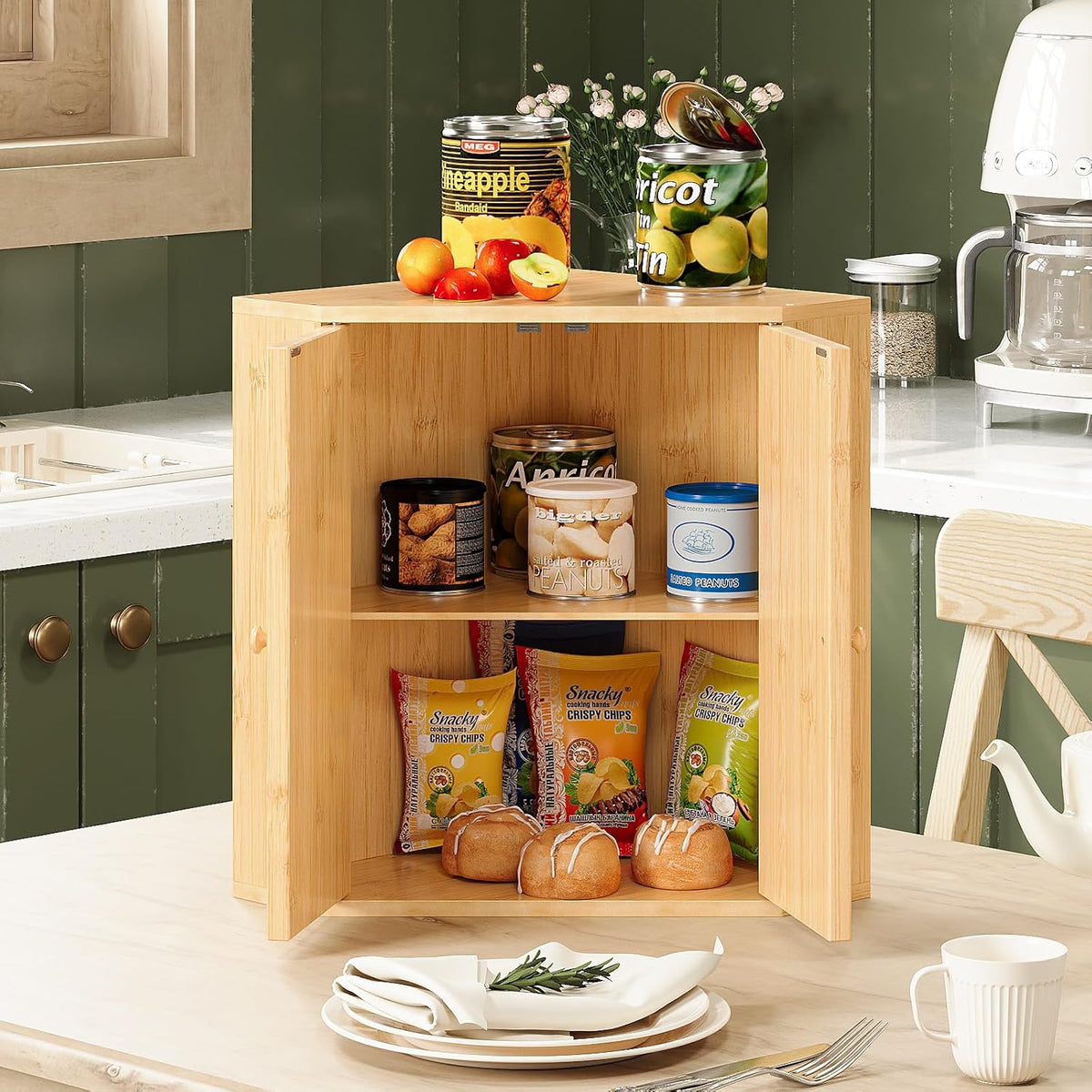 Corner Bread Box for Kitchen Counter Double Layer Bamboo Bread Storage Container Large Capacity Bread Storage Bin Farmhouse Breadbox Organizer (Bamboo Natural)