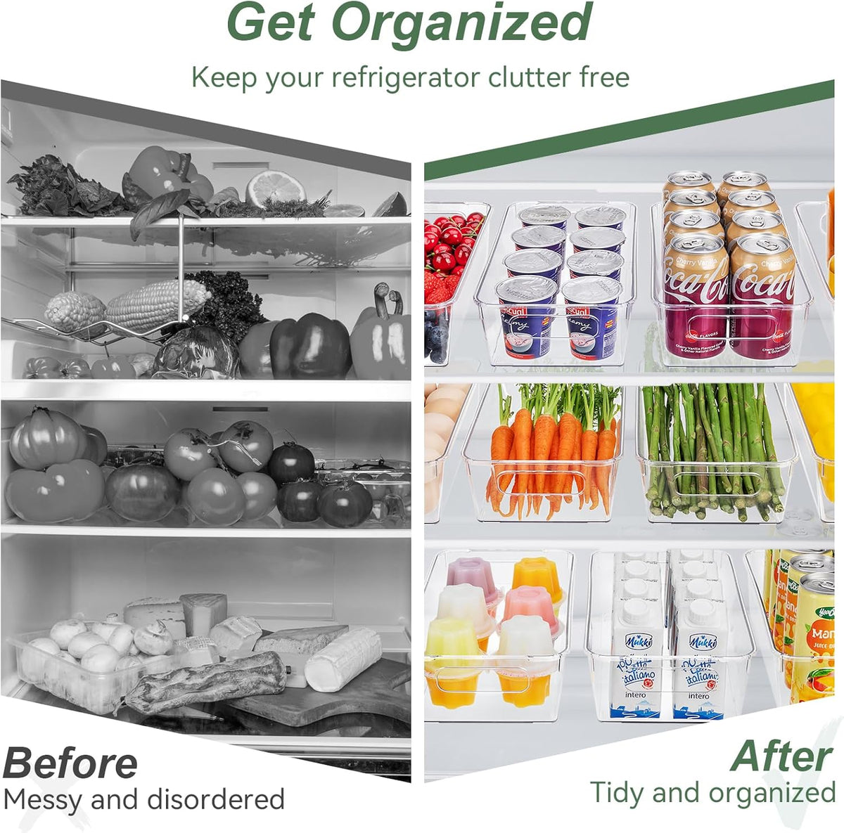HOMER Set of 6 Refrigerator Organizer Bins, Pantry Organization and Storage Bins, Fridge Organizers with Cutout Handles, Clear Plastic Storage Bins for Pantry - BPA Free Kitchen Organizers