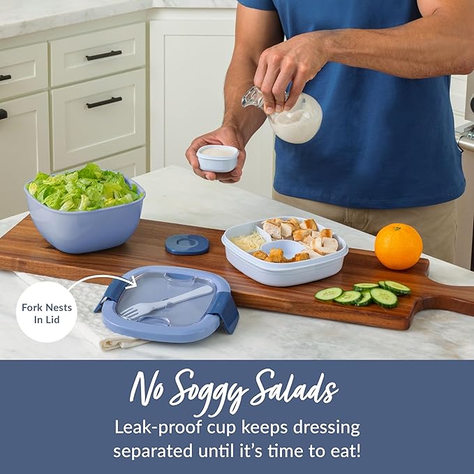 Bentgo Salad Container - 54 oz Bowl with 4-Compartment Toppings Tray, Leak-Proof Dressing Container, Reusable Fork, BPA-Free Lunch Box for Meal Prep & Food Storage; Removable Bento Tray (Slate)