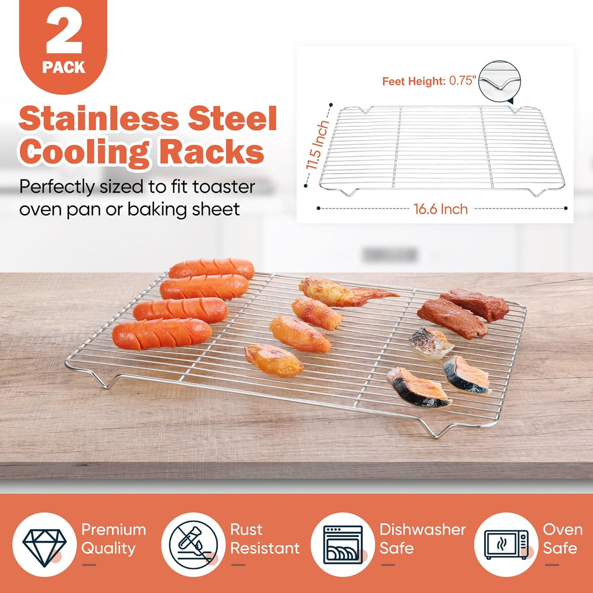 Cooling Racks for Cooking and Baking, Homikit 16.6”*11.5” Large Stainless Steel Wire Rack for Oven Cooking Roasting Grilling Drying, Cookie Bacon Pizza Mesh Cooling Racks, Dishwasher Safe, 2 PCS