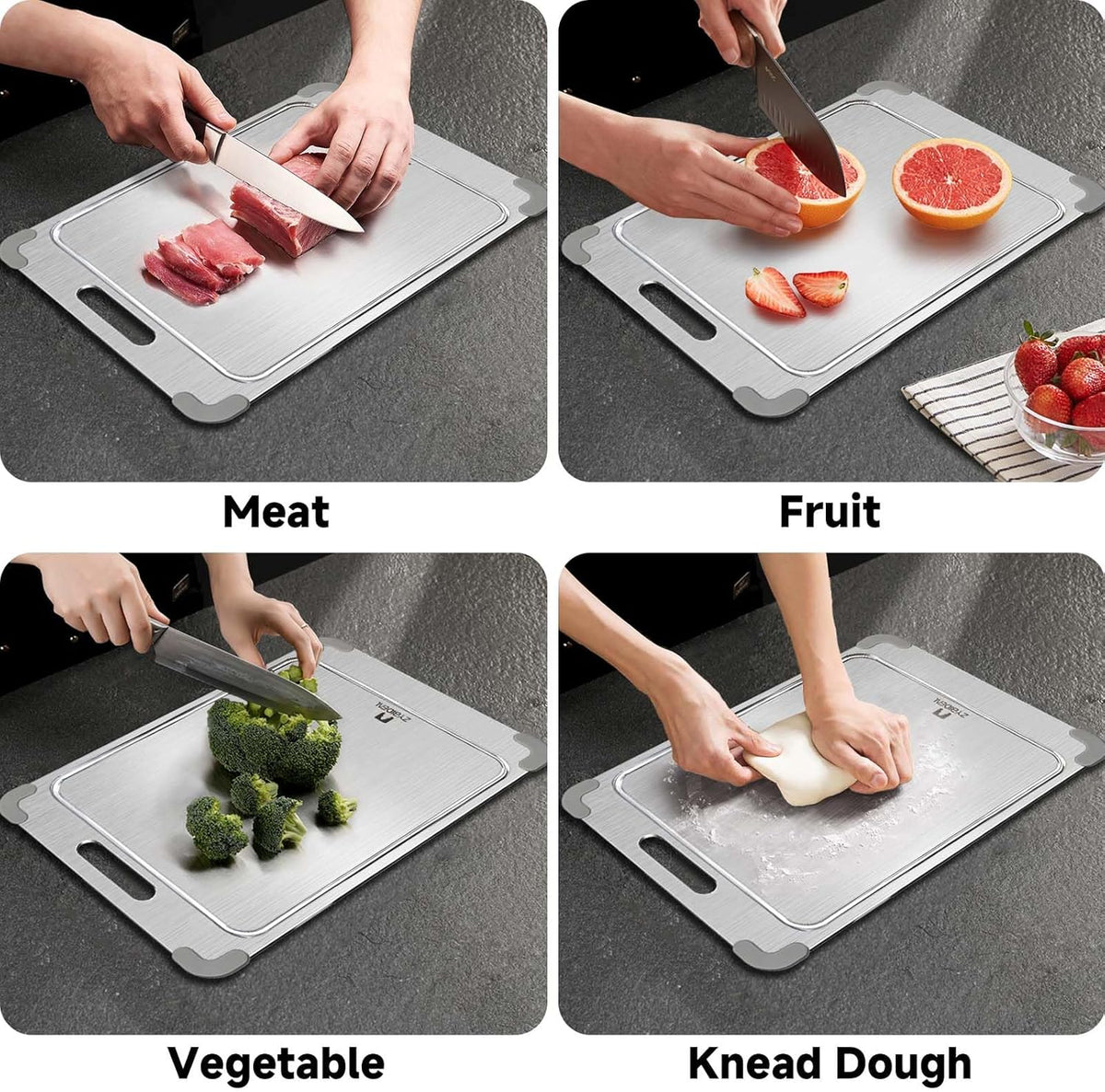 100% Pure Titanium Cutting Board with Grooves, Update Double Side Titanium Chopping Board, Silicone Anti-slip Stainless Cutting Boards for Kitchen 10 * 14 IN, Grey