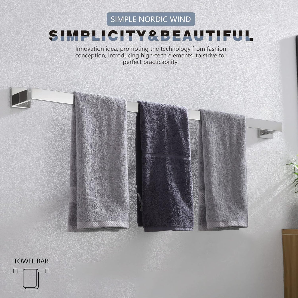 KOKOSIRI 36-Inch Single Towel Bar, Bathroom Kitchen Towel Holder, Wall Mounted SUS304 Stainless Steel Towel Rack, Polished Chrome, B4003CH-L36