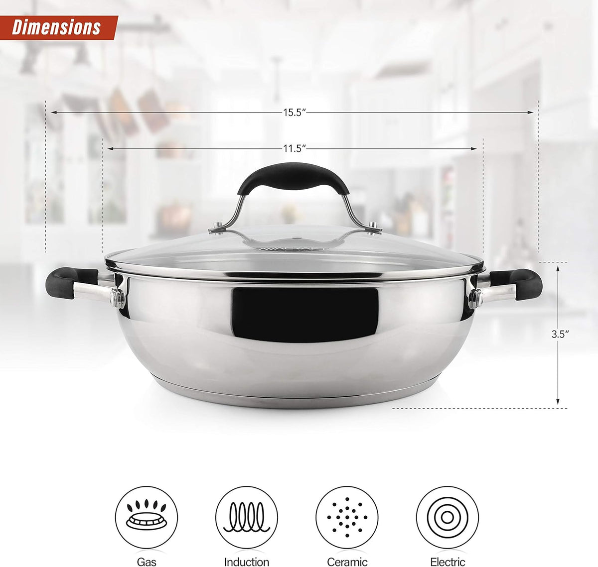 AVACRAFT 18/10 Stainless Steel Everyday Pan with Five-Ply Base, Stir Fry Chef’s Saute Pan with Glass Lid, Multipurpose Stewpot Skillet, Casserole in Pots (11 Inch)