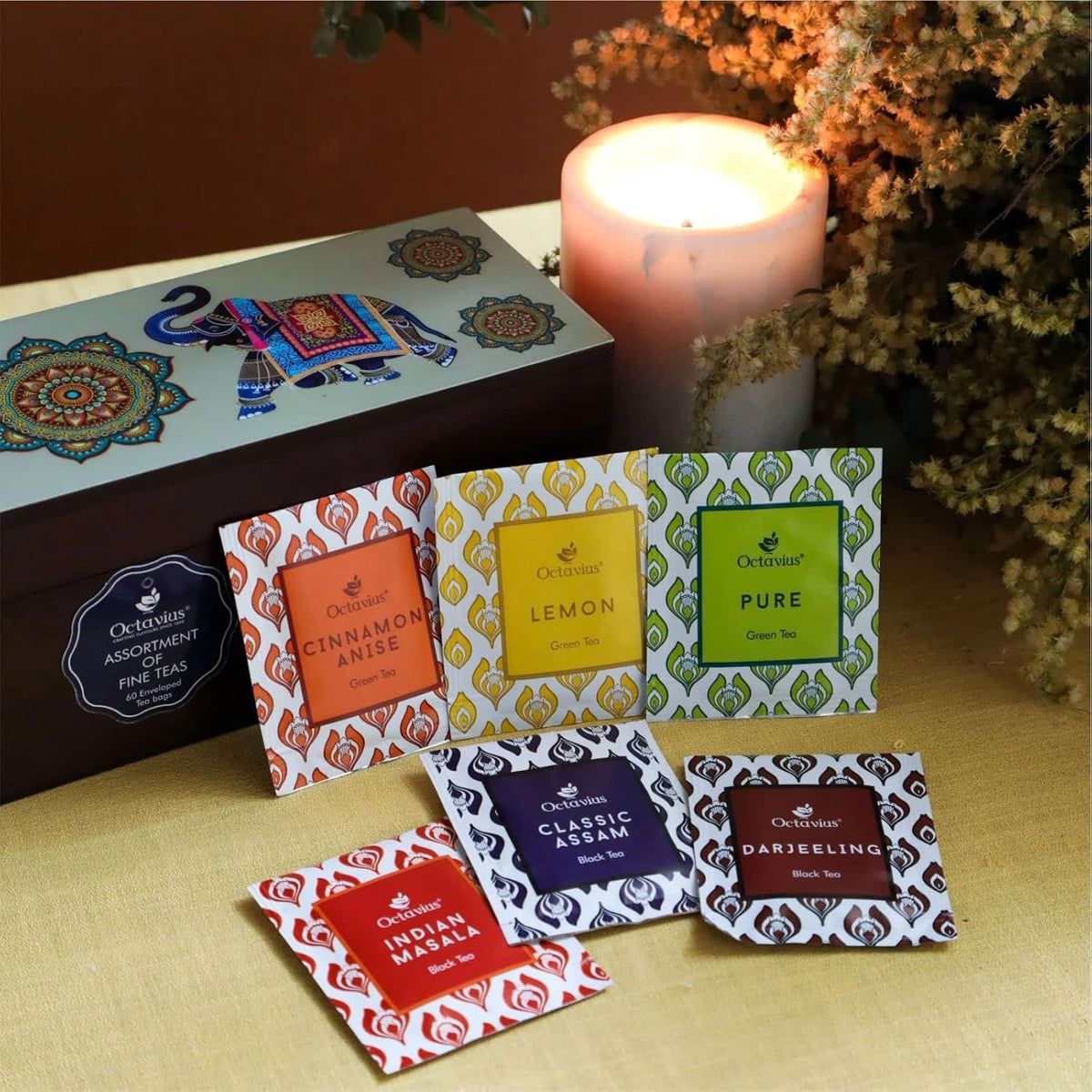 Octavius Gift's Select - Assorted Tea in Elephant Printed Wooden Box | 6 Flavors Black & Green, 60 Tea Bags | | Tea Gifts for Teas Lovers