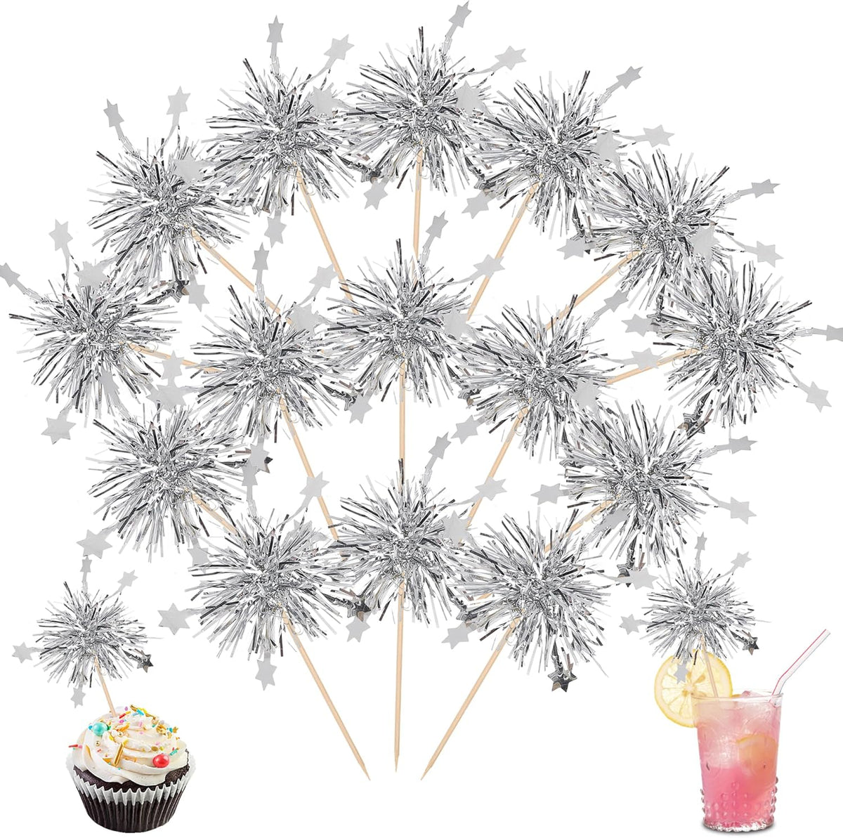30 PCS Foil Firework Cupcake Toppers Star Cupcake Picks Sparkle Tinsel Flower Drink Stirrers Cocktail Food Fruit Toothpicks for Valentine's Day Birthday Party Cake Decorations Supplies Silver