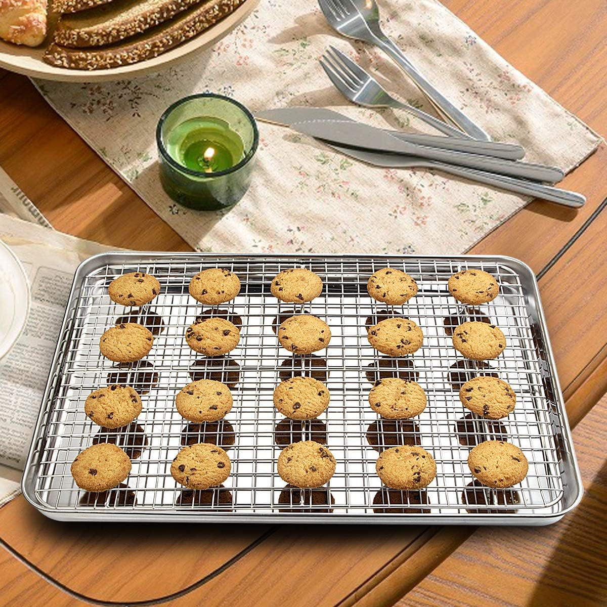 Baking Sheet with Rack Set [2 Pans + 2 Racks], Wildone Stainless Steel Cookie Sheet Baking Pan Tray with Cooling Rack, Size 18 x 13 x 1 Inch, Non Toxic & Heavy Duty & Easy Clean