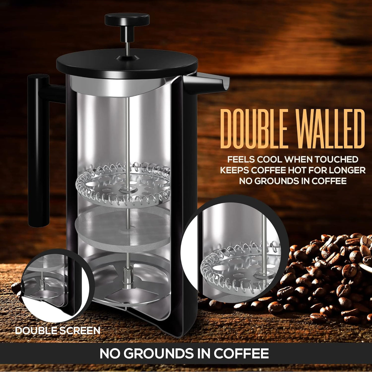 Utopia Kitchen Stainless Steel French Press Coffee Maker 34 Oz (1 Litre) with 2 Extra Filters, French Press Coffee & Tea Maker for Kitchen & Camping, Cold Brew Cafetiere, Black