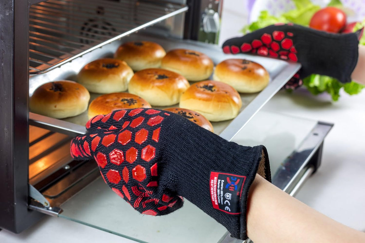 J H Heat Resistant Oven Glove:EN407 Certified 932 °F, 2 Layers Silicone Coating, Oven Mitts for Cooking, Kitchen, Fireplace,Camping, Grilling