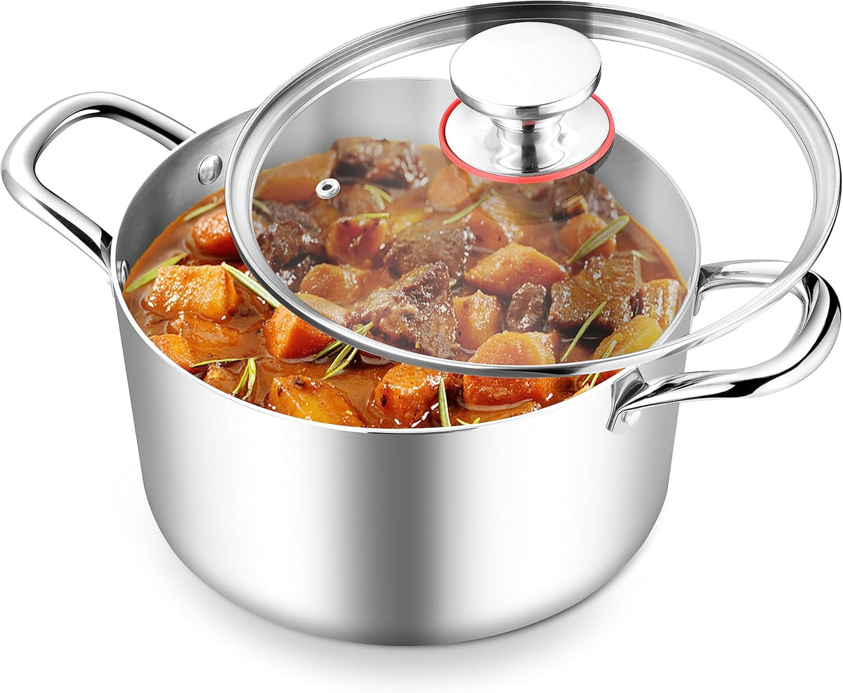 TeamFar 8 Quart Stock Pot, Stainless Steel Tri-ply Stockpot Pasta Cooking Pot with Glass Lid, for Induction Electric Gas Ceramic Stoves, Toxic Free & Heavy Duty, Double Handles & Dishwasher Safe