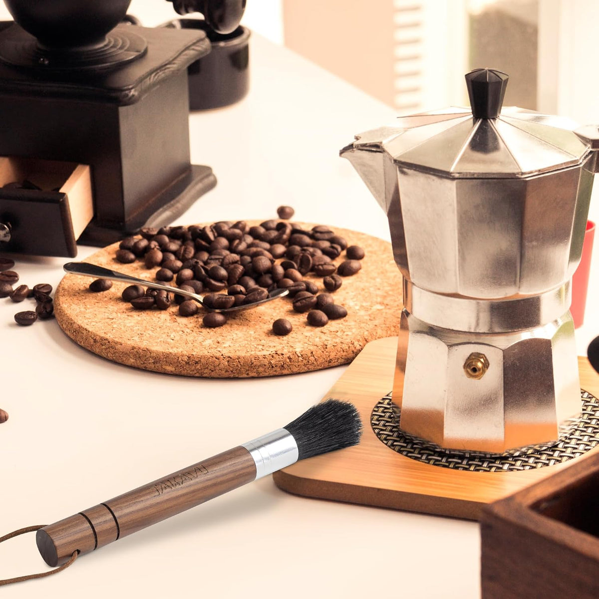 Takavu Coffee Grinder Cleaning Brush, Barista Brush with Black Boar Bristle, Espresso Machine Cleaner Tool, Brista Dusting Accessories Used on Group Heads, Shower Screen, Portafilter, Scoop, Tamper