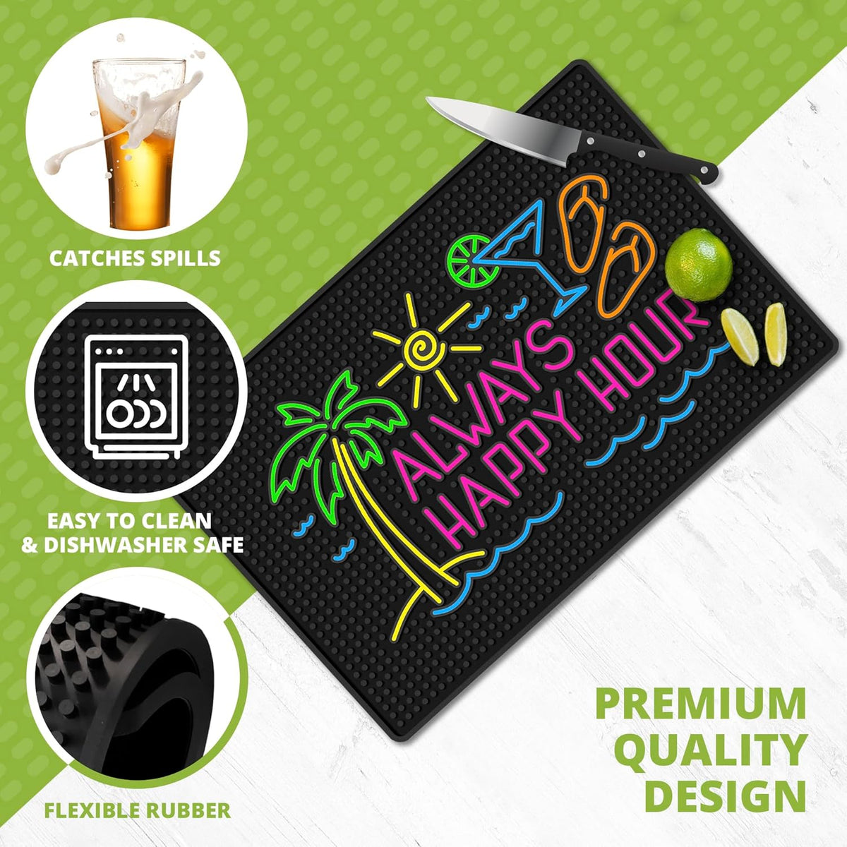 Premium Quality Always Happy Hour Bar Mat, Tiki Bar Mat for Bartending 18x12, Outdoor Tiki Bar Decor, Durable Bar Mats for Countertop, Drying Mat for Home Bar, Perfect Home Bar Accessories Xmas Gift
