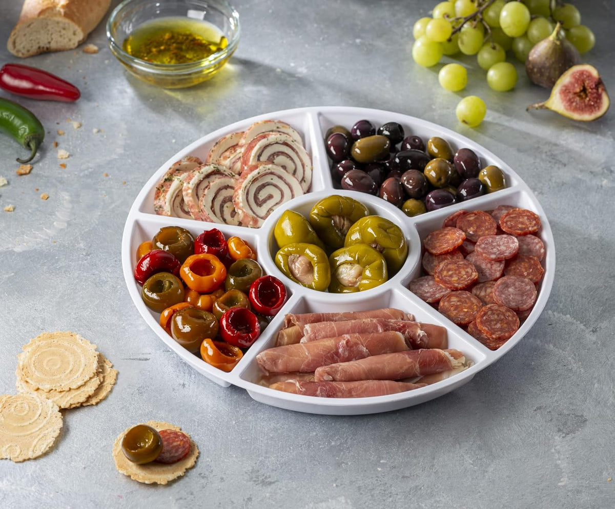 Plasticpro 6 Sectional Round Plastic Serving Tray/Platter (2, White)