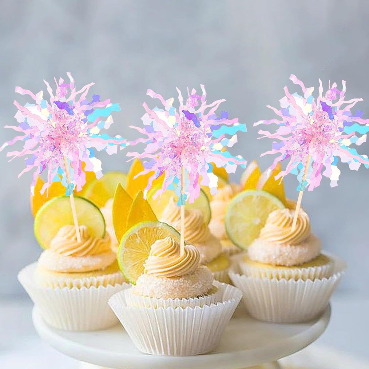 30 PCS Foil Firework Cupcake Toppers Sparkle Tinsel Cupcake Picks Happy Birthday Cake Toppers Drink Stirrers Cocktail Food Fruit Toothpicks for Baby Shower Wedding Party Decorations Supplies Pink