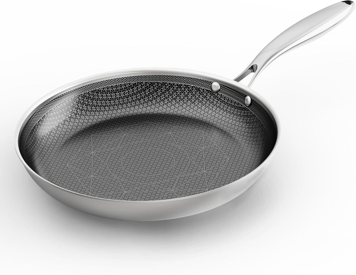 COOKING KING 10-Inch Stainless Steel Pan, Hybrid Nonstick Frying Pan, Skillet, 3-Ply Clad Cookware, Even Heat Distribution, Dishwasher & Oven Safe, with Stay-Cool Handle, Induction Compatible