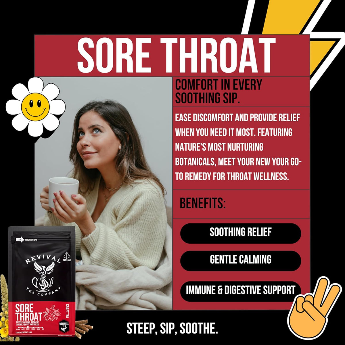 Sore Throat Tea - Wellness Tea Made with Elm Bark, Licorice Root and Marshmallow Root with Herbal and Medicinal Properties - Low Caffeine - 24 Tea Bags