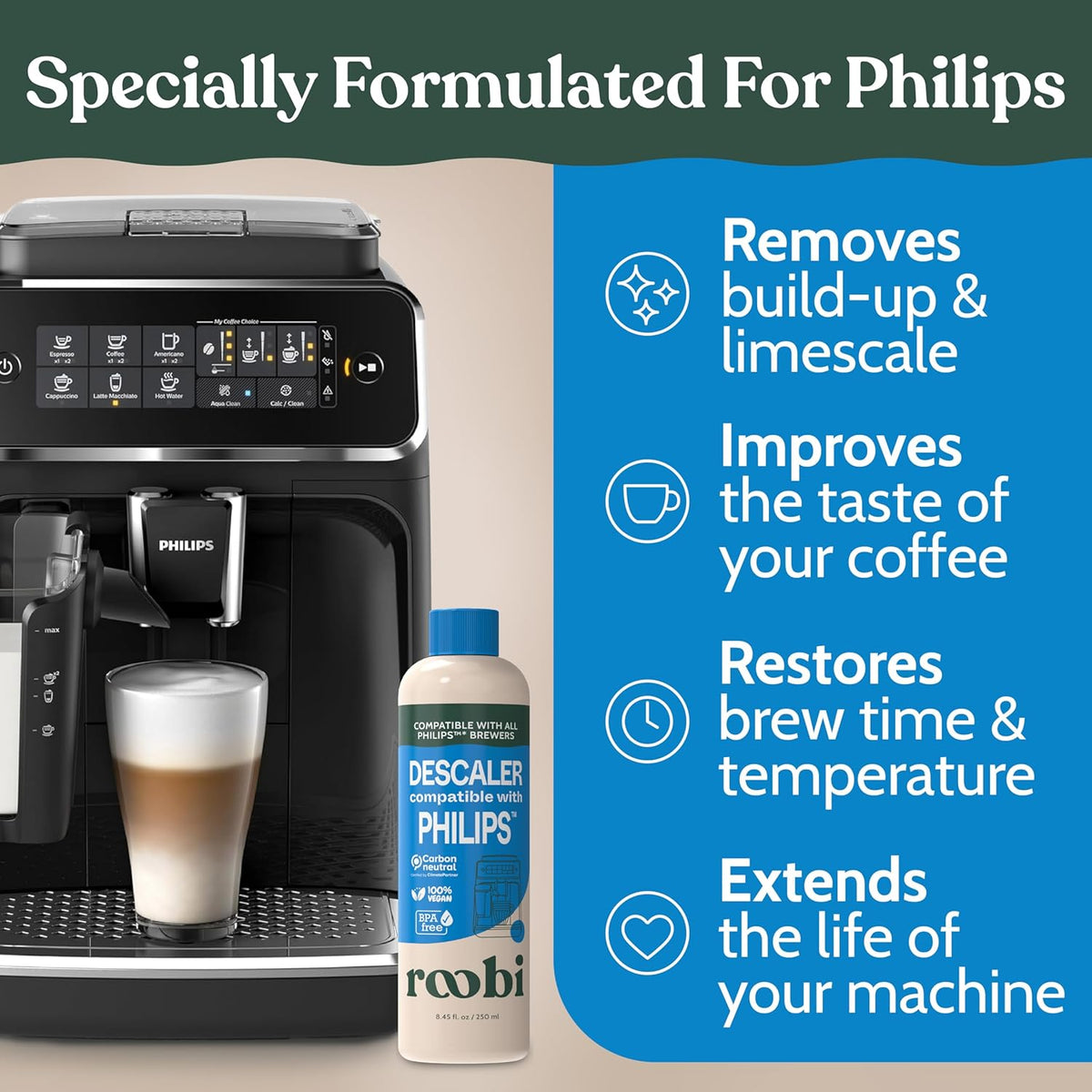 Roobi Philips Compatible Descaling Solution & Cleaner. Specially Formulated for Philips Espresso Machines. Carbon Neutral Descaler Kit. 2 Uses per Bottle, 2 Pack