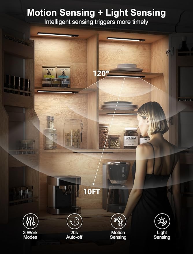 12inch Rechargeable Under Cabinet Lighting,56 LED -3 Color& 7 Levels Under Cabinet Lighting Wireless,3000mah Dimmable Magnetic Cabinet Lighting,Punch-Free Smart Sensor Magnetic Rechargeable led Lights