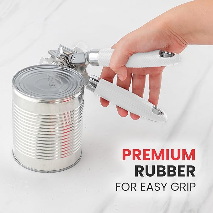 Zulay Kitchen Heavy Duty Stainless Steel Can Opener Manual with Large Bottle Opener - Manual Can Opener with Turn Knob with Soft Grip Handles - White