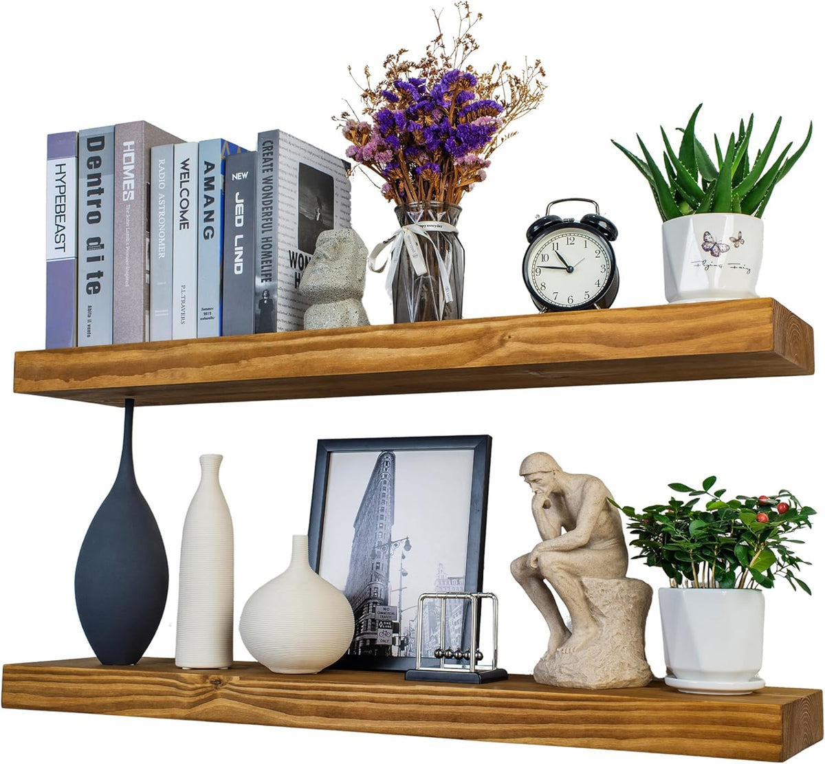 Rustic Floating Shelves 36 inch Long 8 inch deep Set of 2, Solid Wood Wall Shelves for Bedroom Living Room Kitchen,Book Shelf for Wall, Wall Mounted Shelves with Hidden Bracket- Gold Oak