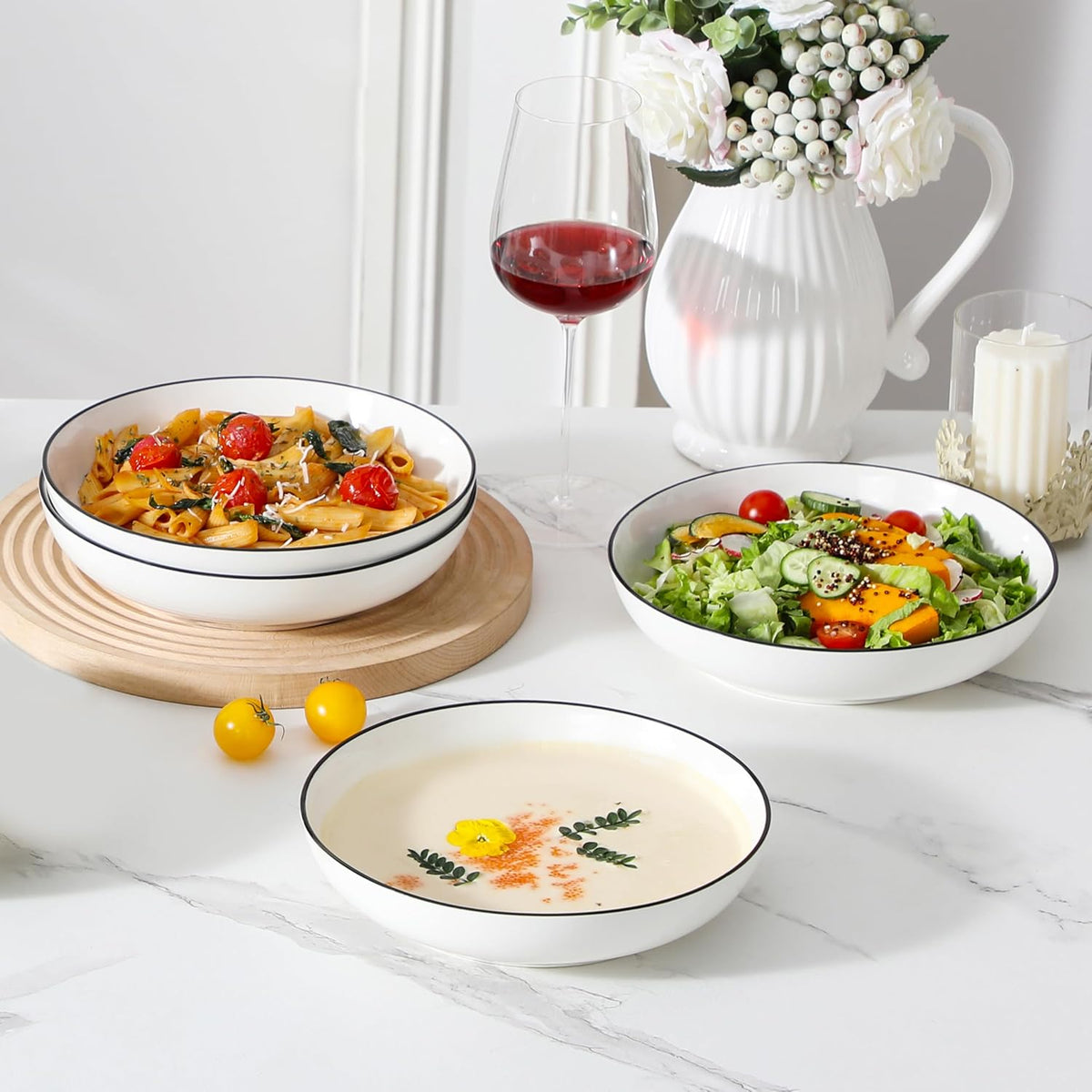 MALACASA 8.85" Large Pasta Bowls, 42 OZ White Salad Bowls Soup Bowls, Porcelain Serving Bowls Set of 4, Ivory White & Black Rim, Microwave & Dishwasher Safe, Series REGULAR