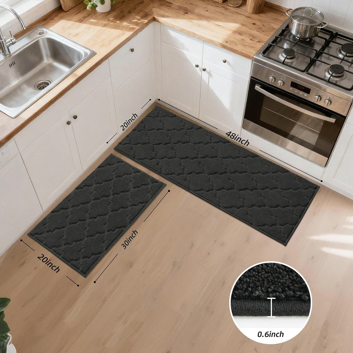 JSEI Kitchen Rugs, Non-Slip Kitchen Mats for Floor, Soft Washable Absorbent Kitchen Mats 2 Pieces, Kitchen Carpet Runner with TPR Backing, Polyester, 20”x32”+20”x48”, Black