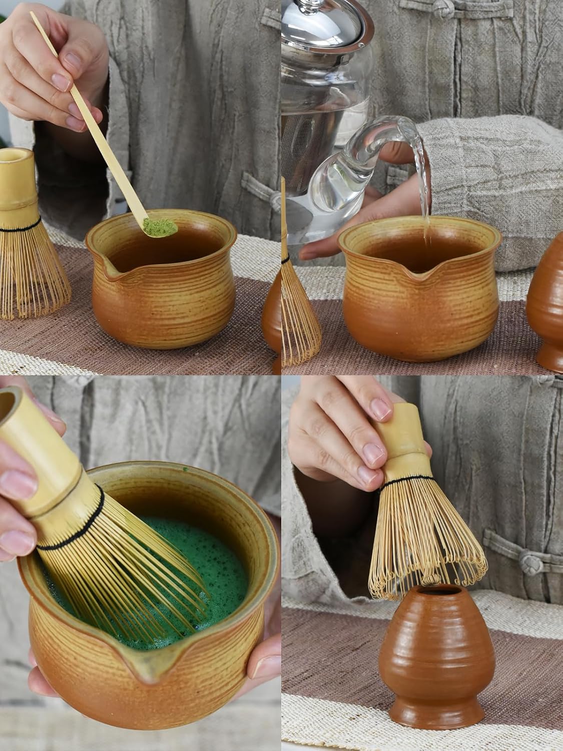 Artcome Matcha Tea Set – 4 Piece Japanese Ceremonial Kit with 9oz Ceramic Bowl with Spout, Bamboo Whisk, Scoop, Whisk Holder & Tea Manual – Traditional Matcha Starter Kit for Daily Use