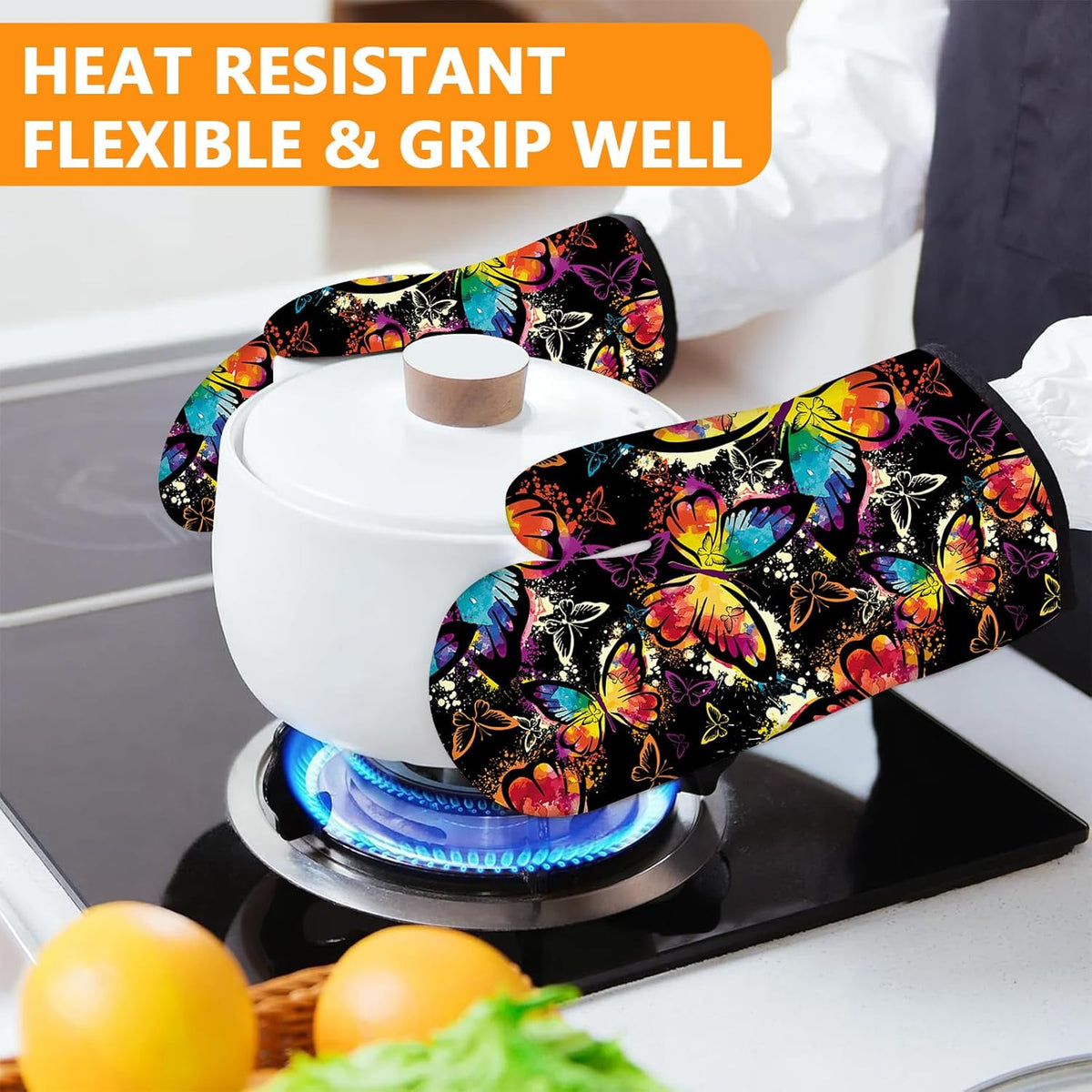 Colorful Butterfly Oven Mitts and Pot Holders Sets 4Pcs,Extra Long Oven Gloves Potholder for Kitchen Cooking Baking BBQ 100% Cotton Heat Resistant