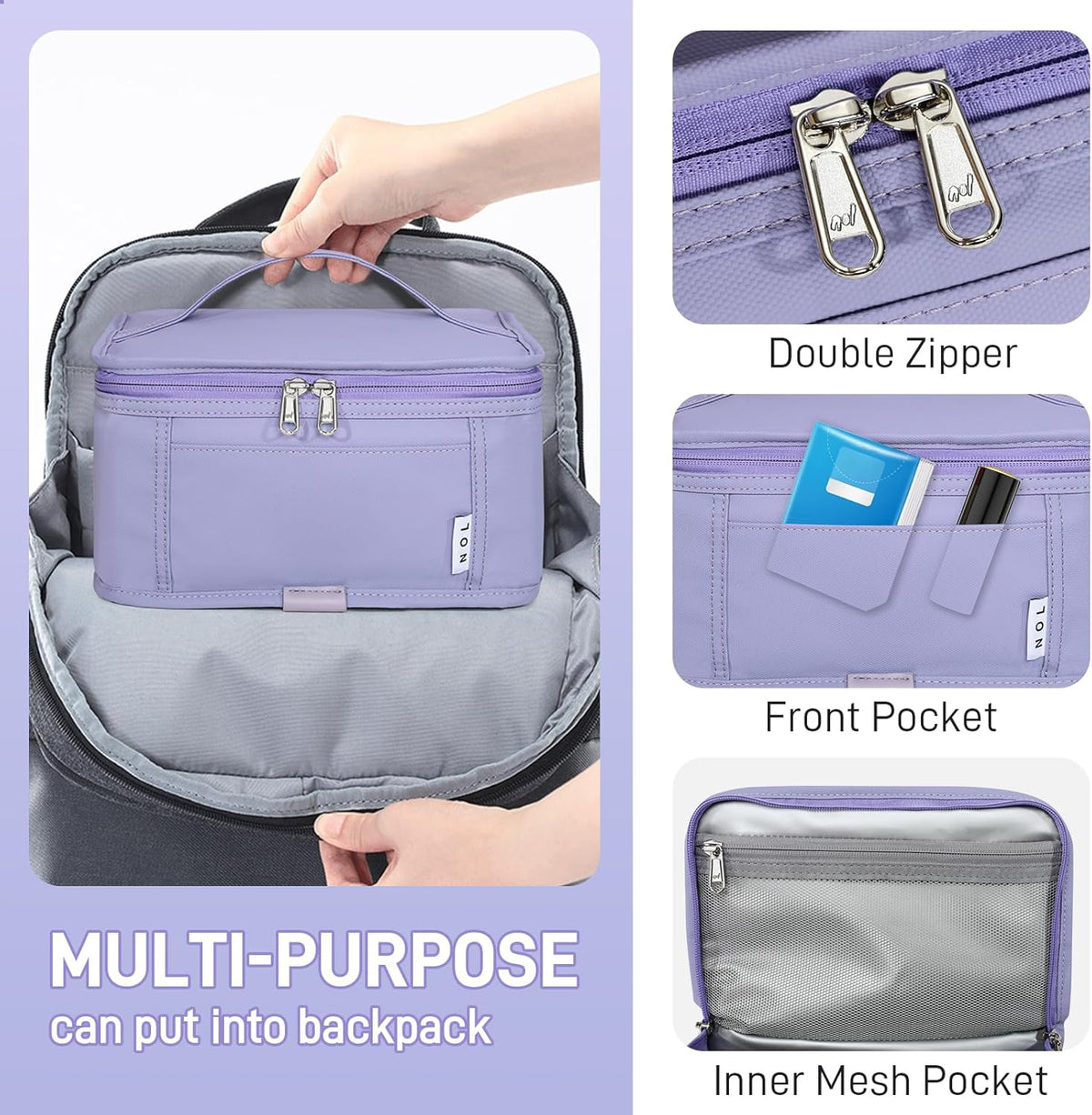 NOL Natural Organic Lifestyle Small Lunch Bag Mini Lunch Box Insulated Lunch Bag for Men/Women Leakproof Cooler Tote Bag Lightweight Nylon Waterproof Lunch Box For Work, Light purple